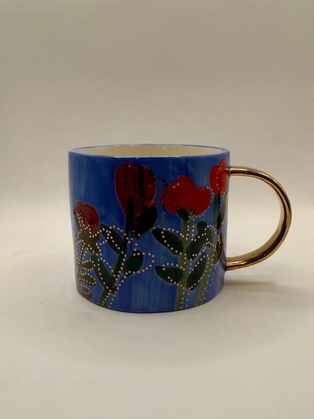 Francesca Kaye Anthropologie Floral Atelier Mug Gold Handle Blue Red Flower Cup
